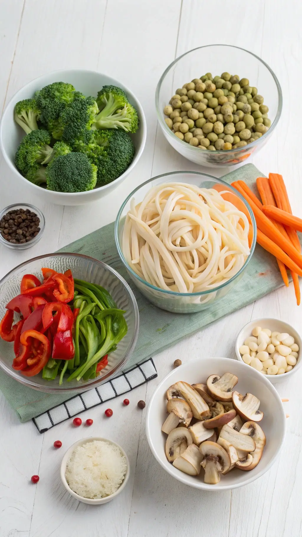 Składniki do makaronu Udon – makaron, brokuły, marchew, papryka, grzyby, tofu, przyprawy.