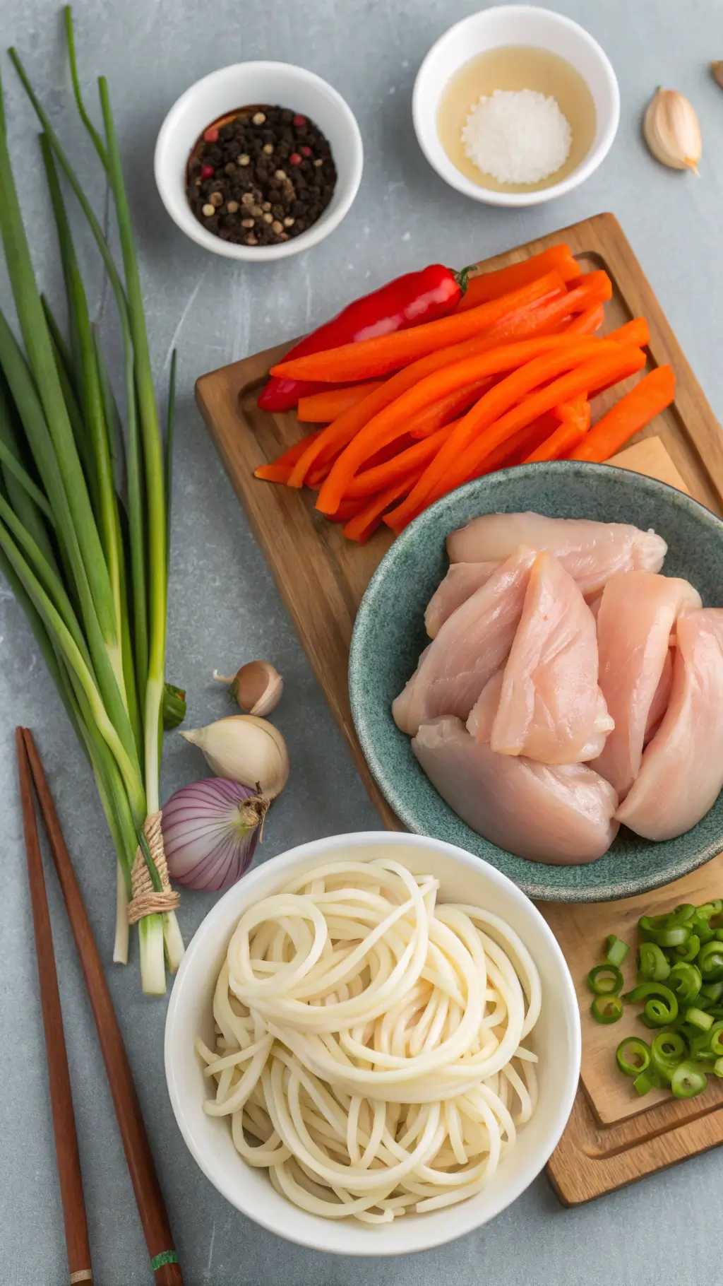 Składniki do makaronu Udon z kurczakiem i warzywami – makaron, pierś z kurczaka, marchewka, cebula, czosnek, przyprawy.