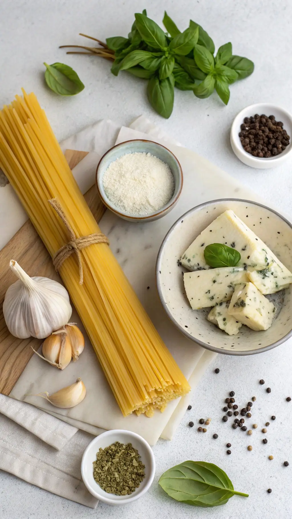 Składniki do makaronu z gorgonzolą: spaghetti, ser gorgonzola, parmezan, czosnek, bazylia, pieprz i zioła, ułożone na białym tle.