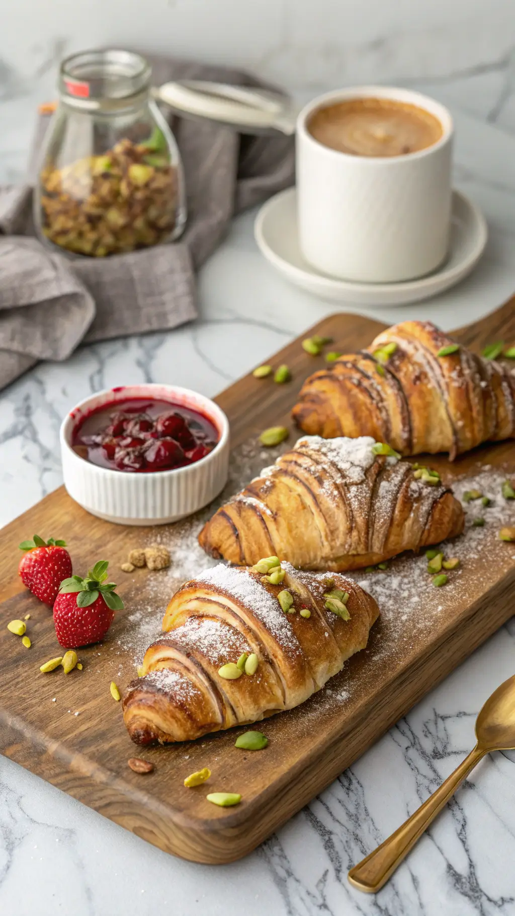 Rogaliki z ciasta francuskiego z cukrem pudrem, pistacjami i dżemem, podane z kawą i truskawkami.