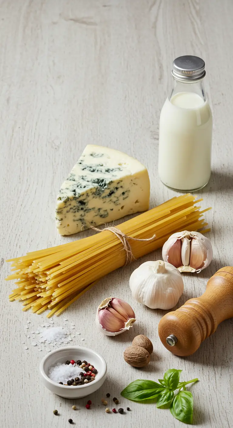 Składniki do makaronu z gorgonzolą: ser gorgonzola, spaghetti, mleko, czosnek, przyprawy i bazylia na drewnianym stole.