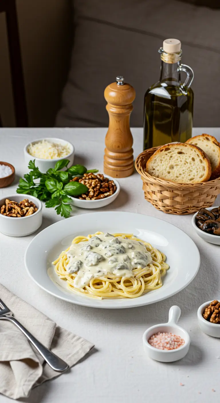 Makaron z sosem gorgonzola, orzechami włoskimi i przyprawami na białym talerzu, obok oliwy z oliwek i chleba.