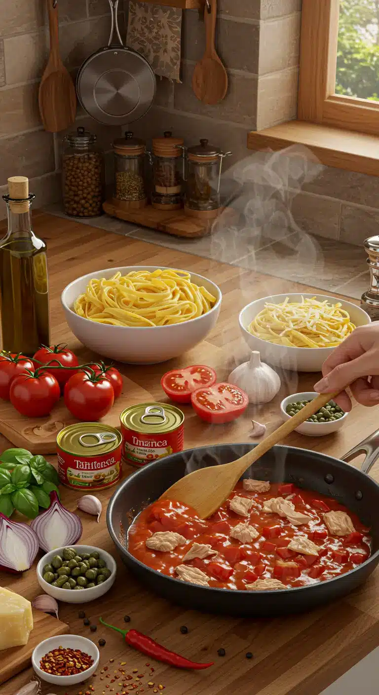 Składniki i przygotowanie sosu do makaronu z tuńczykiem: spaghetti, tuńczyk w puszce, pomidory, kapary, czosnek i przyprawy na drewnianym blacie kuchennym.