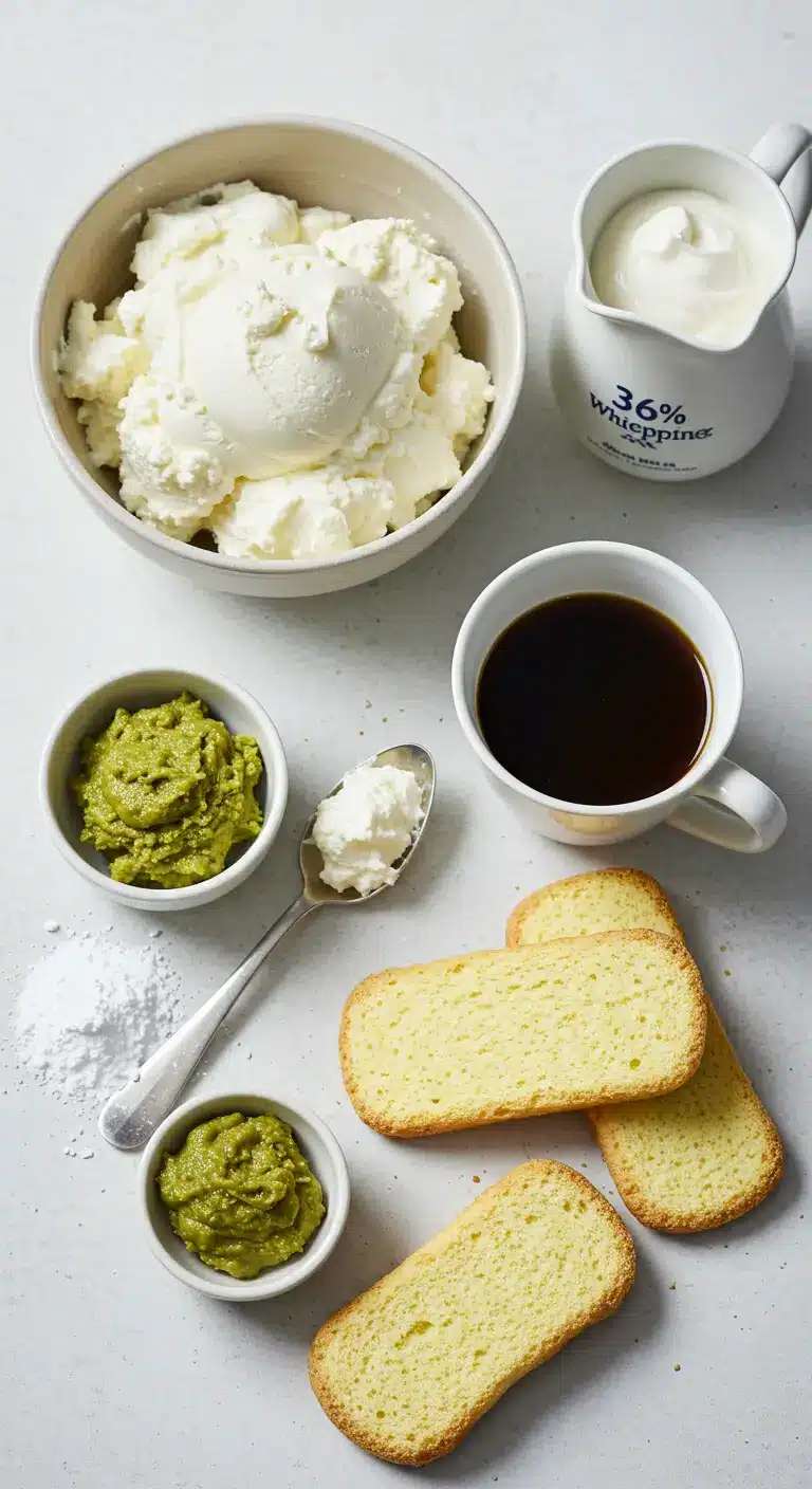 Składniki do deseru pistacjowego: mascarpone, śmietana, pasta pistacjowa, biszkopty i kawa na jasnym tle.