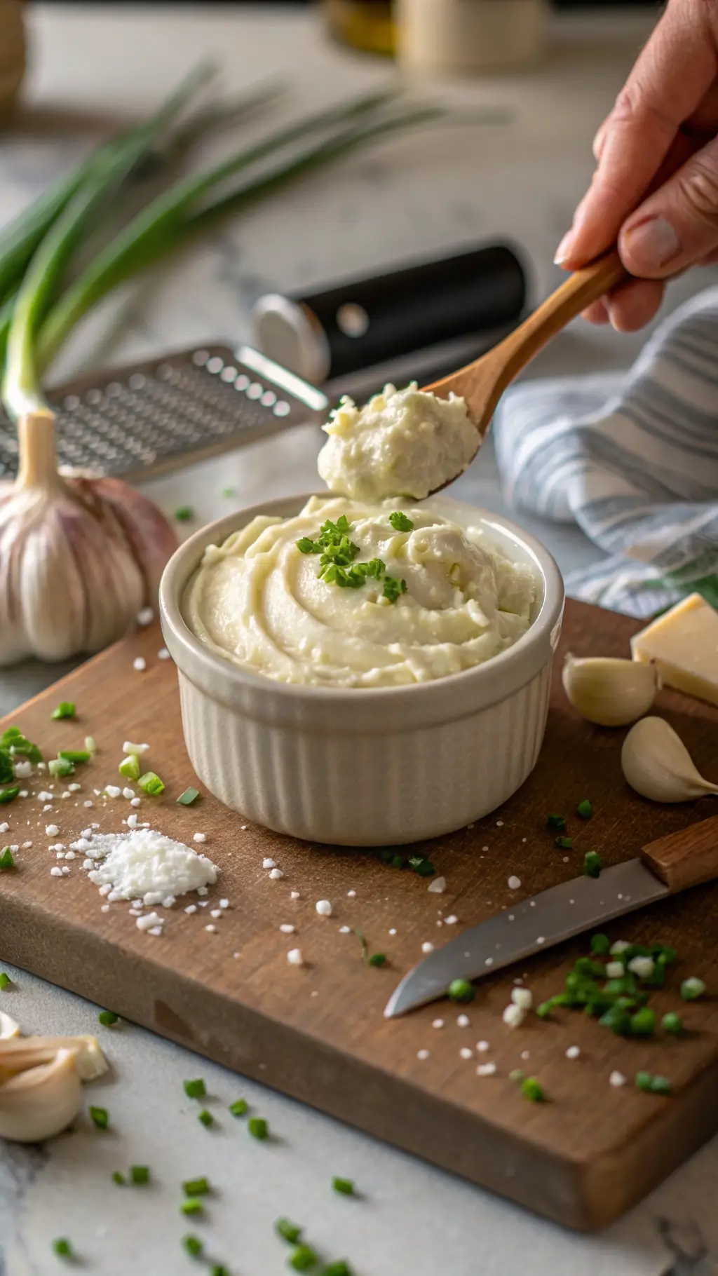 Puree ziemniaczane z czosnkiem i szczypiorkiem na drewnianej desce.