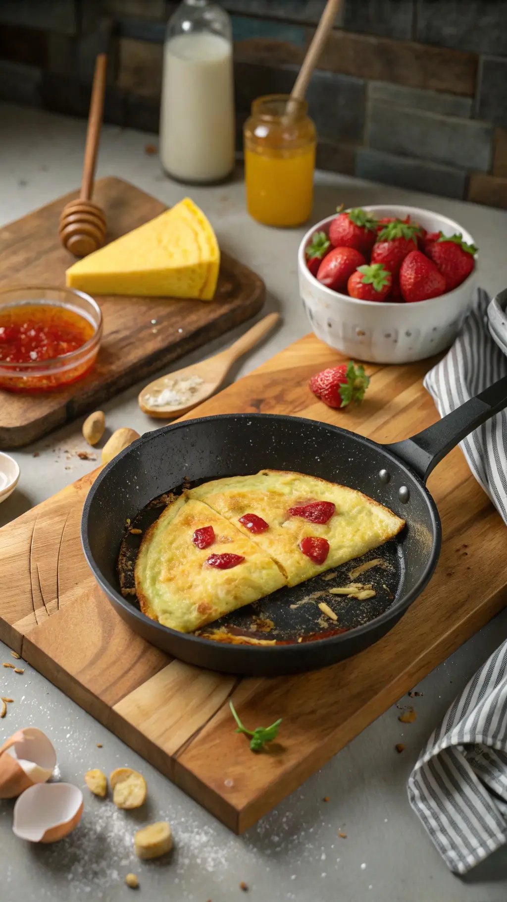 Omlet na słodko z truskawkami na patelni na drewnianej desce.