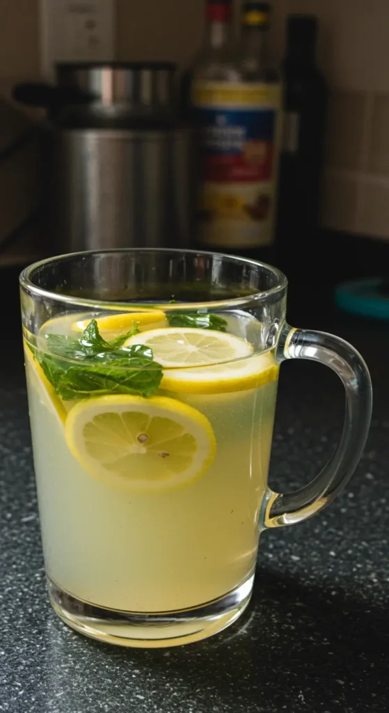 Domowa lemoniada przepis – szklanka lemoniady z cytryną, miętą i lodem na kuchennym stole
