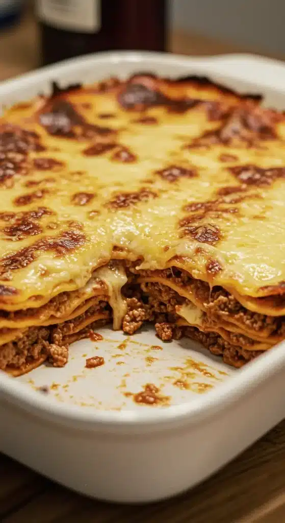 Domowy lasagne przepis z mięsem, pomidorami i serem