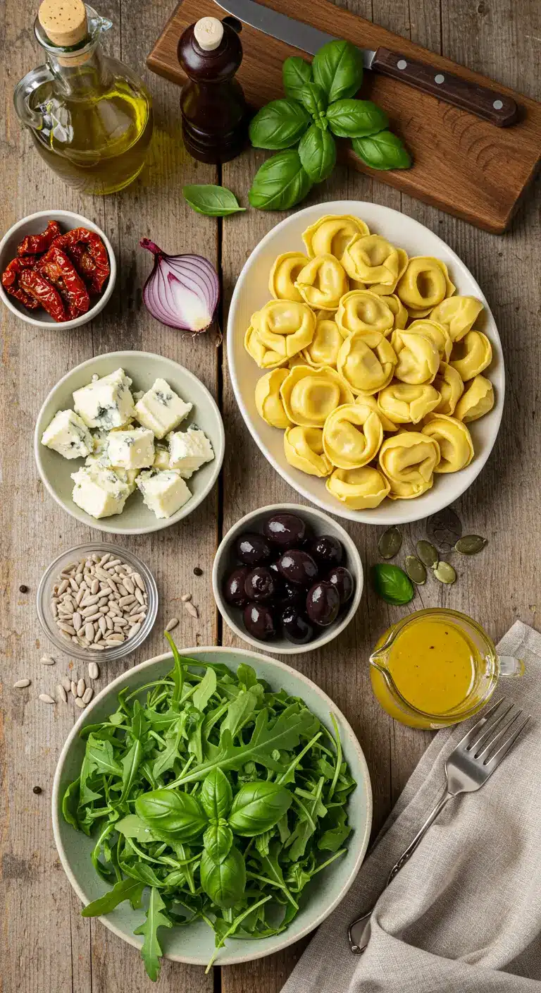 Składniki do sałatki z tortellini ułożone na drewnianym stole: tortellini, rukola, suszone pomidory, oliwki, ser, nasiona i sos winegret.