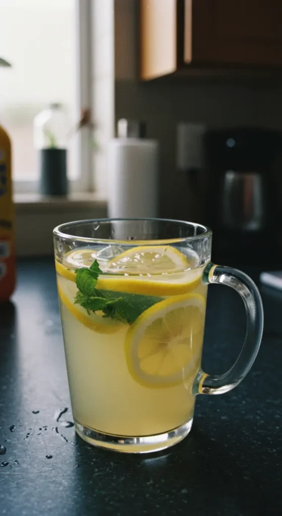 Domowa lemoniada przepis – szklanka lemoniady z cytryną, miętą i lodem na kuchennym stole