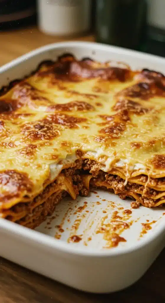 Domowy lasagne przepis z mięsem, pomidorami i serem