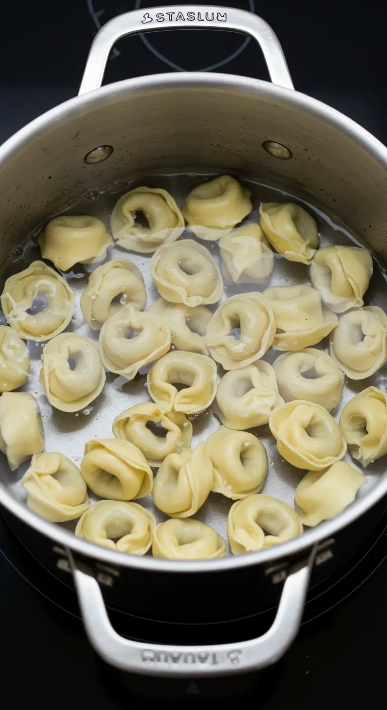 Tortellini gotujące się w garnku na kuchence.