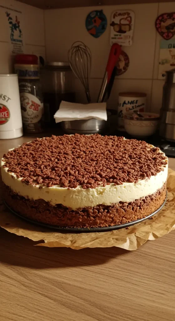 Jeśli tort spędził kilka godzin w lodówce, przed krojeniem odstaw go na 5–10 minut w temperaturze pokojowej. Dzięki temu warstwa chrupiąca lekko zmięknie i nie będzie pękać jak tafla lodu.