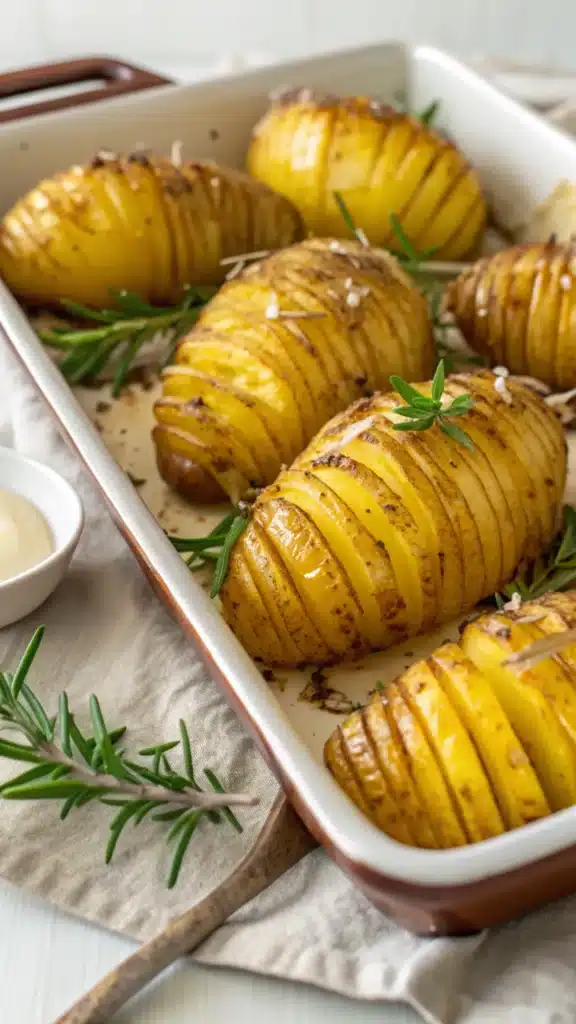 Złociste pieczone ziemniaki Hasselback z czosnkiem i rozmarynem