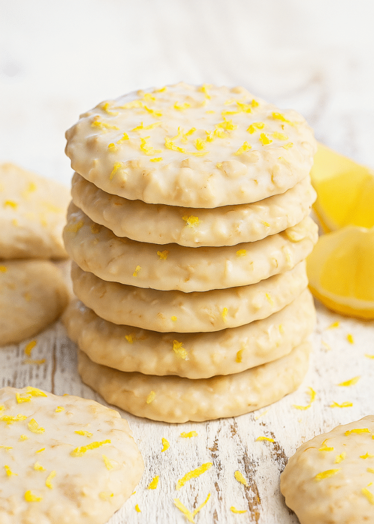 A stack of golden brown lemon oatmeal cookies with a delicate lemon glaze drizzle.
