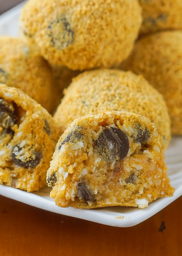 A platter of freshly made No-Bake Moose Farts, some coated in coconut, some in sprinkles, arranged invitingly.