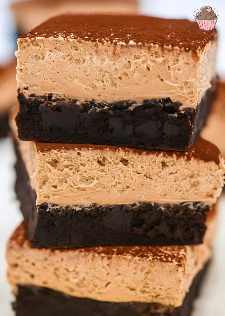 A beautifully layered Chocolate Mousse Brownies on a white plate