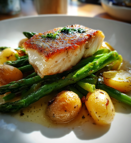 Braised Halibut with Asparagus and Baby Potatoes - detail 1