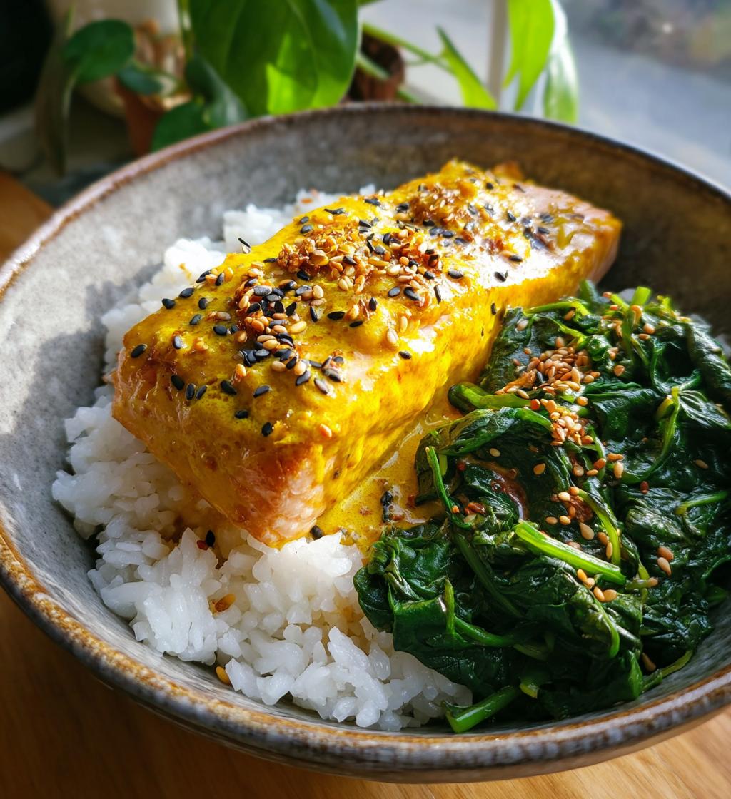 Miso Turmeric Salmon with Rice and Spinach - detail 1
