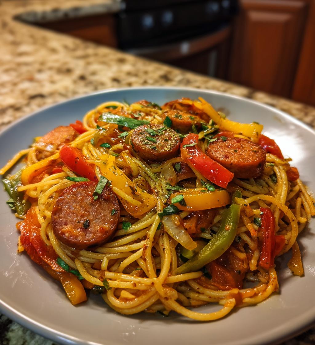 Haitian Spaghetti (Espageti) (Breakfast pasta with chicken sausage) - detail 1