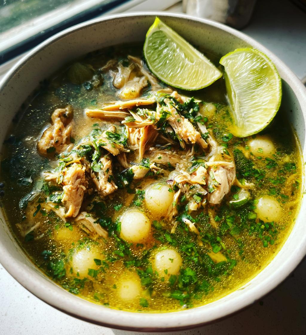 Pozole Verde with Chicken (Green Hominy Soup) - detail 1