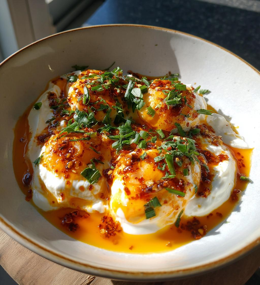 Turkish Cilbir (Poached Eggs in Garlic Yogurt with Chili Butter) - detail 1